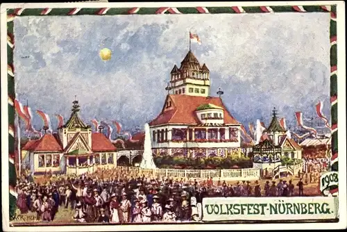 Künstler Ak Nürnberg in Mittelfranken, Volksfest 1908, Festhalle