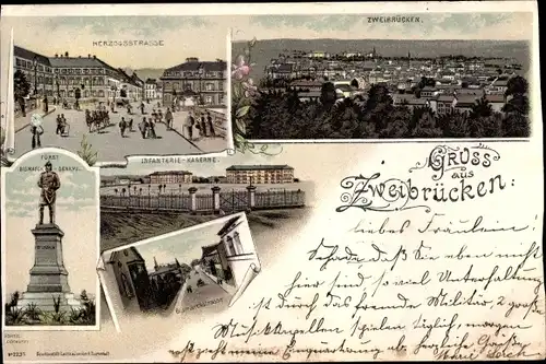 Litho Zweibrücken Rheinland Pfalz, Herzogstraße, Panorama, Bismarck Denkmal, Infanterie Kaserne