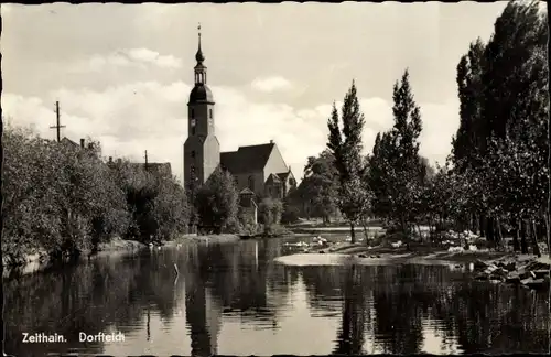 Ak Zeithain in Sachsen, Dorfteich, Kirche