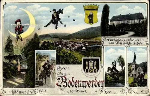 Wappen Ak Bodenwerder an der Weser, Geburtshaus von Baron Münchhausen, Ritt auf Kanonenkugel
