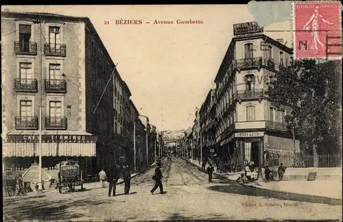 Ak Béziers Hérault, Avenue Gambetta, Cafe Terminus