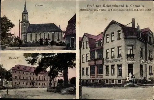 Ak Reichenbrand Chemnitz in Sachsen, Materialwarenhandlung, Kirche, Gasthof