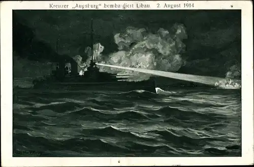 Künstler Ak Kreuzer Augsburg bombardiert Libau, 2. August 1914, Kaiserliche Marine im I. WK