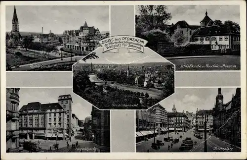Ak Goldstadt Pforzheim im Schwarzwald, Gesamtansicht, Schlosskirche, Reuchlin Museum, Leopoldplatz