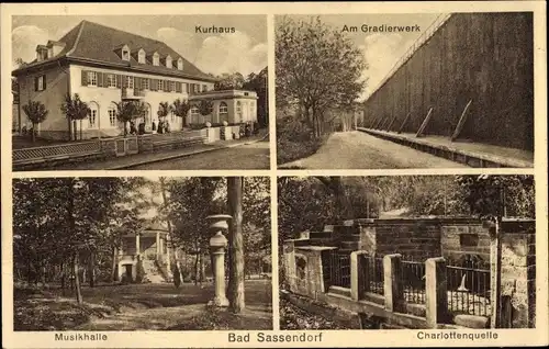 Ak Bad Sassendorf im Kreis Soest, Kurhaus, Gradierwerk, Musikhalle, Charlottenquelle