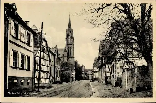 Ak Frœschwiller Fröschweiler Elsass Bas Rhin, Straßenpartie, Kirche