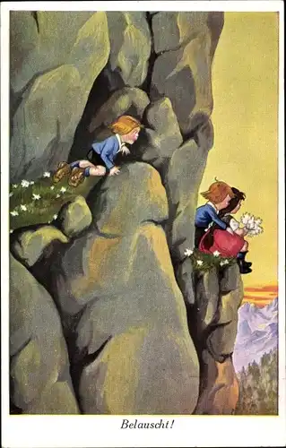Künstler Ak Belauscht, Liebespaar auf einem Felsvorsprung