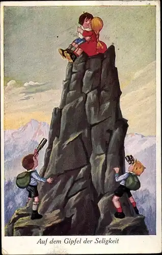 Künstler Ak Auf dem Gipfel der Seligkeit, küssendes Paar auf dem Gipfel, Bergsteiger