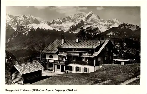 Ak Garmisch Partenkirchen in Oberbayern, Berggasthof Eckbauer, Alp- und Zugspitze