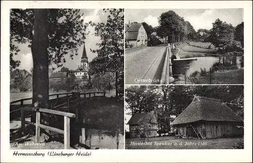 Ak Hermannsburg Südheide in der Lüneburger Heide, Am Wehrsteig, Oertzebrücke, Hiesterhof Speicher