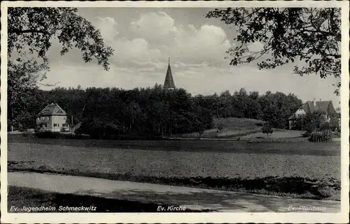 Ak Schmeckwitz Oberlausitz, Evangelische Kirche, Jugendheim, Pfarrhaus