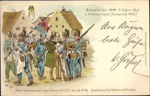 Litho Historische Uniformen des bayer. Heeres, 7. Infanterie Regiment 1. Schützenkomp. 1849