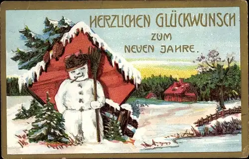 Litho Glückwunsch Neujahr, Schneemann mit Besen, Winterlandschaft