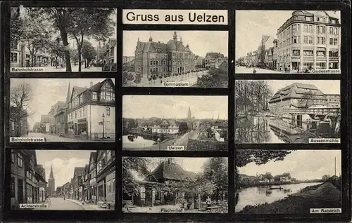 Ak Uelzen in Niedersachsen, Außenmühle, Fischerhof, Gymnasium, Gudesstraße