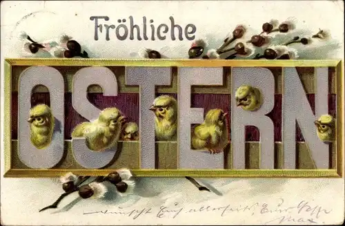 Litho Glückwunsch Ostern, Küken, Weidenkätzchen