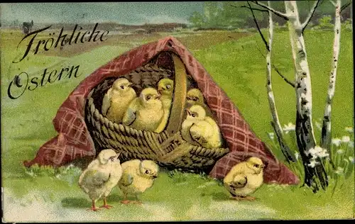 Litho Glückwunsch Ostern, Küken in einem Korb unter einer Birke