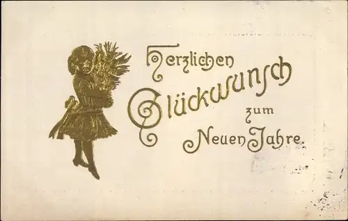 Präge Litho Glückwunsch Neujahr, Mädchen mit Blumenstrauß