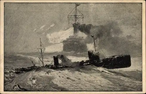 Künstler Ak Romin, G., Ran an den Feind, Kriegsschiffe, Kaiserliche Marine, I. WK