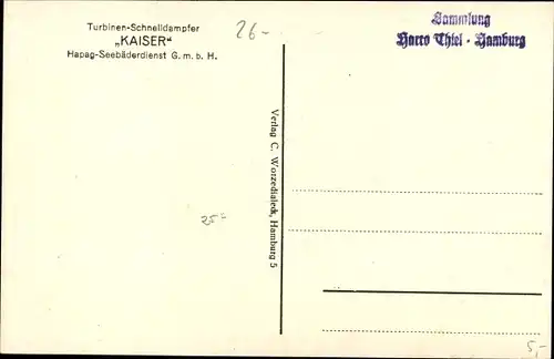 Künstler Ak Dampfschiff Kaiser, HAPAG Seebäderdienst