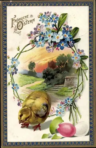 Litho Glückwunsch Ostern, Küken, Ostereier, Vergissmeinnicht