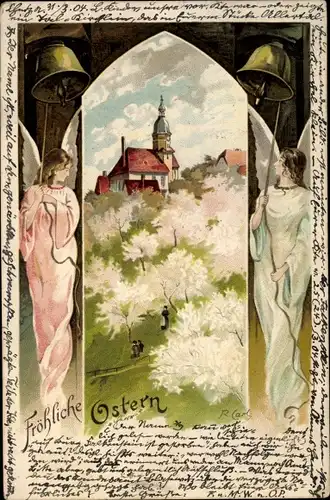 Künstler Litho Carl, R., Glückwunsch Ostern, Engel läuten Glocken, Baumblüte, Kirche