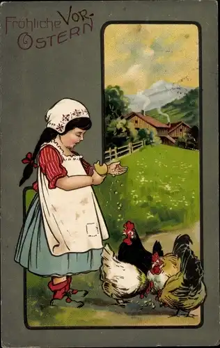 Litho Glückwunsch Ostern, Mädchen füttert Hühner