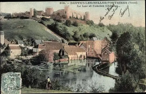 Ak Druyes les Belles Fontaines Yonne, Le Lac et l'ancien Chateau