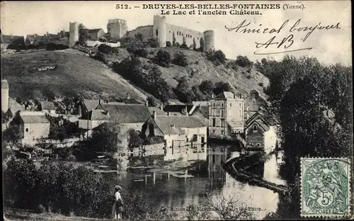 Ak Druyes les Belles Fontaines Yonne, Le Lac et l'ancien Chateau