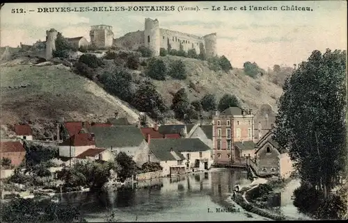 Ak Druyes les Belles Fontaines Yonne, Le Lac et l'ancien Chateau