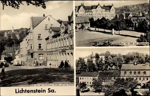 Ak Lichtenstein in Sachsen, Schloss von der Zwickauer Straße aus gesehen, Oberschule, Platz