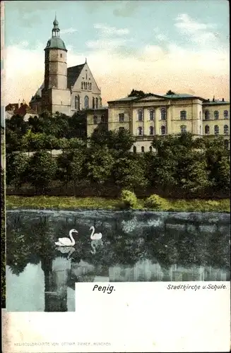 Ak Penig in Sachsen, Stadtkirche, Schule, Teich