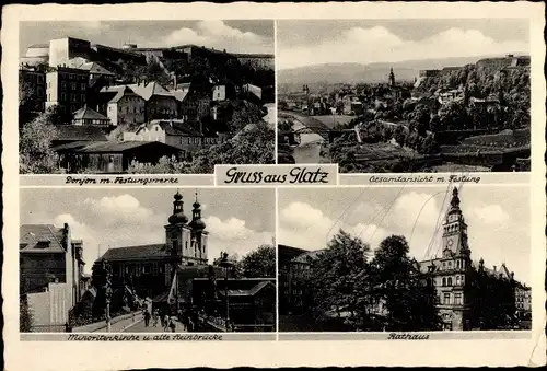 Ak Kłodzko Glatz Schlesien, Donjon mit Festungswerke, Minoritenkirche, alte Steinbrücke, Rathaus