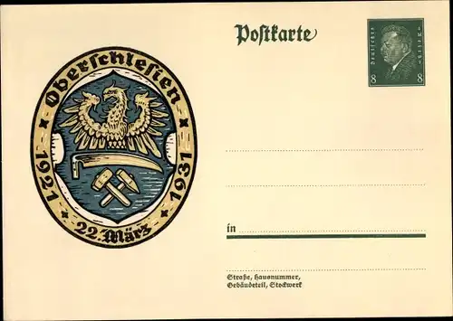 Ganzsachen Ak Oberschlesien Wappen, 22. März 1921 - 1931