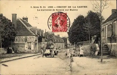 Ak Sceaux-sur-Huisne Sarthe, La traversee, Automobiles