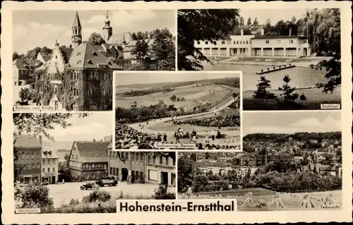 Ak Hohenstein Ernstthal in Sachsen, Rathaus, Kirche, Bad, Teilansicht, Sachsenring Rennen