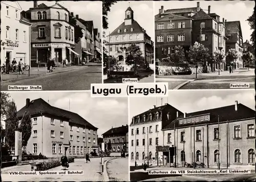 Ak Lugau in Sachsen, Strassenansichten, VVN Ehrenmal, Bahnhof, Sparkasse, Kulturhaus Karl Liebknecht