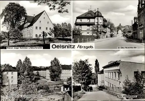 Ak Oelsnitz im Vogtland, Krankenhaus, Wohnsiedlung, Station Junger Techniker und Naturforscher