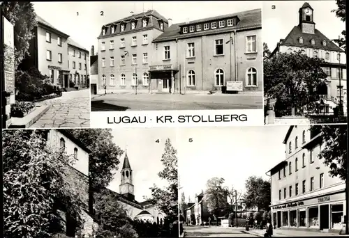 Ak Lugau Kreis Stollberg, Denkmal, Klubhaus Karl Liebknecht, Glockenturm, Kirche, Rathaus