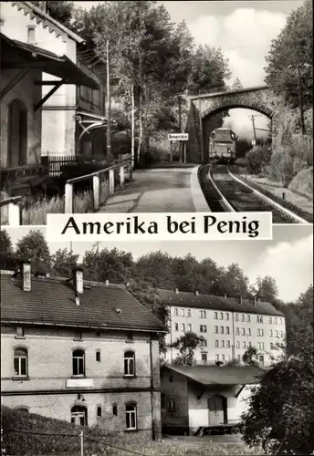 Ak Amerika Penig in Sachsen, Bahnhof, Zug fährt ein