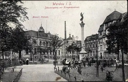 Ak Werdau an der Pleiße in Sachsen, Johannisplatz mit Kriegerdenkmal, Postamt