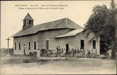 Ak DRK Zaire Bas Congo, Dans les Rivieres du Mayumbe, Mission de la Lukulla Zenze, Eglise, enfants