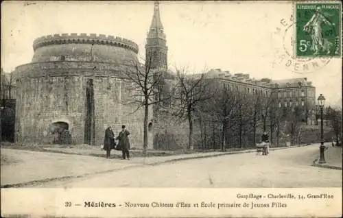 Ak Mézières Ardennes, Nouveau Château d'Eau et École primaire de Jeunes Filles