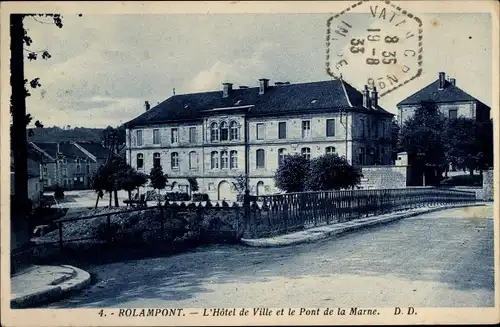 Ak Rolampont Haute Marne, L'Hôtel de Ville et le Pont de la Marne