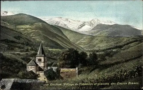 Ak Saint Aventin Luchon Haute Garonne, L'Eglise, Glaciers de Gourcs Blancs