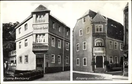 Ak Stadt Wehlen an der Elbe Sachsen, Schmuck's Hotel, Eingang Basteiweg, Gasthof Stadt Wehlen