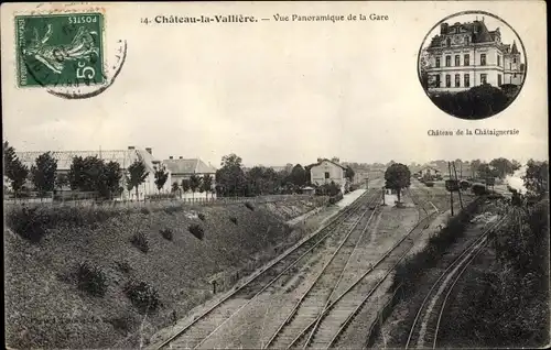 Ak Château de la Valière Indre et Loire, Vue Panoramique de la Gare, Château