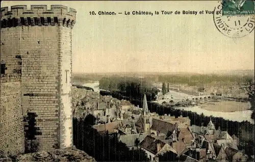 Ak Chinon Indre et Loire, Château, la Tour de Boissy et Vue Générale