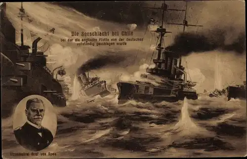Künstler Ak Seeschlacht bei Chile, deutsche Kriegsschiffe, Vizeadmiral Graf Spee, Portrait, I. WK