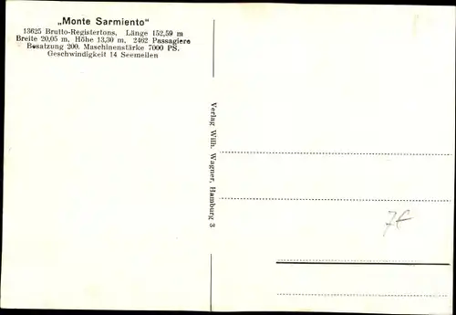 Ak Hamburg, Dampfschiff Monte Sarmiento, HSDG