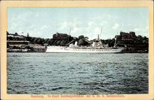 Ak Hamburg Mitte St. Pauli, Deutsches Kriegsschiff, SMS Hohenzollern, Yacht, Landungsbrücken